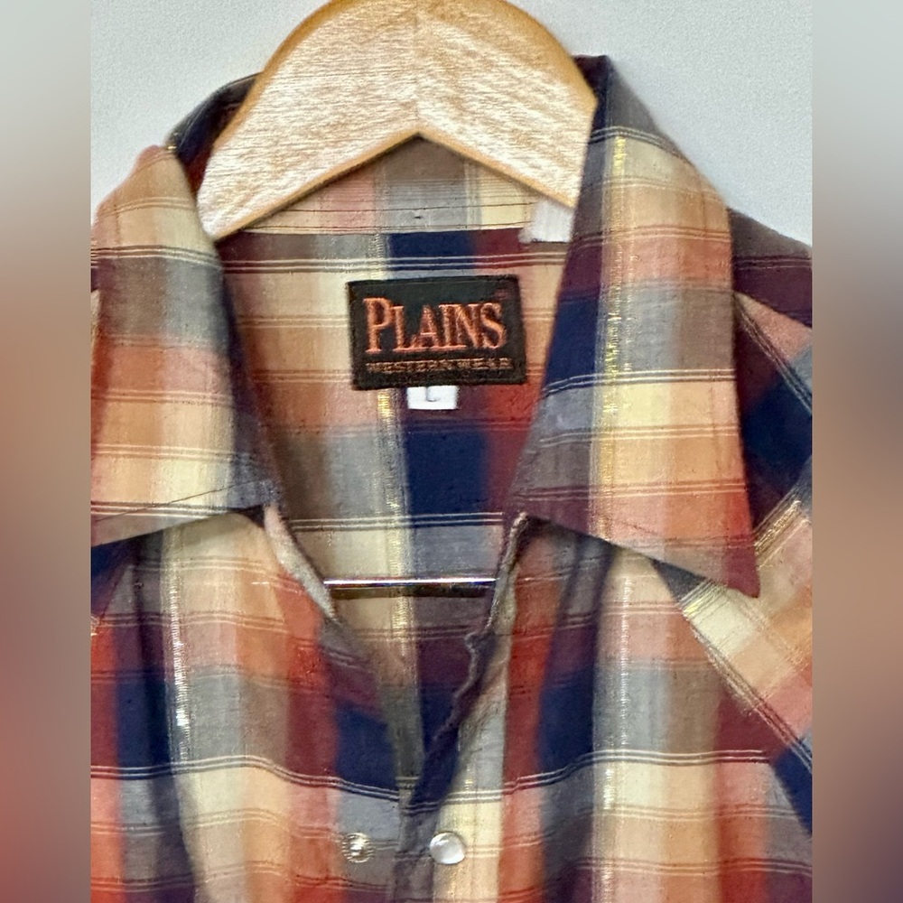Men's Plains Pearl Snap Plaid Shirt- Blue and Brown size‎ large - Picture 3 of 5